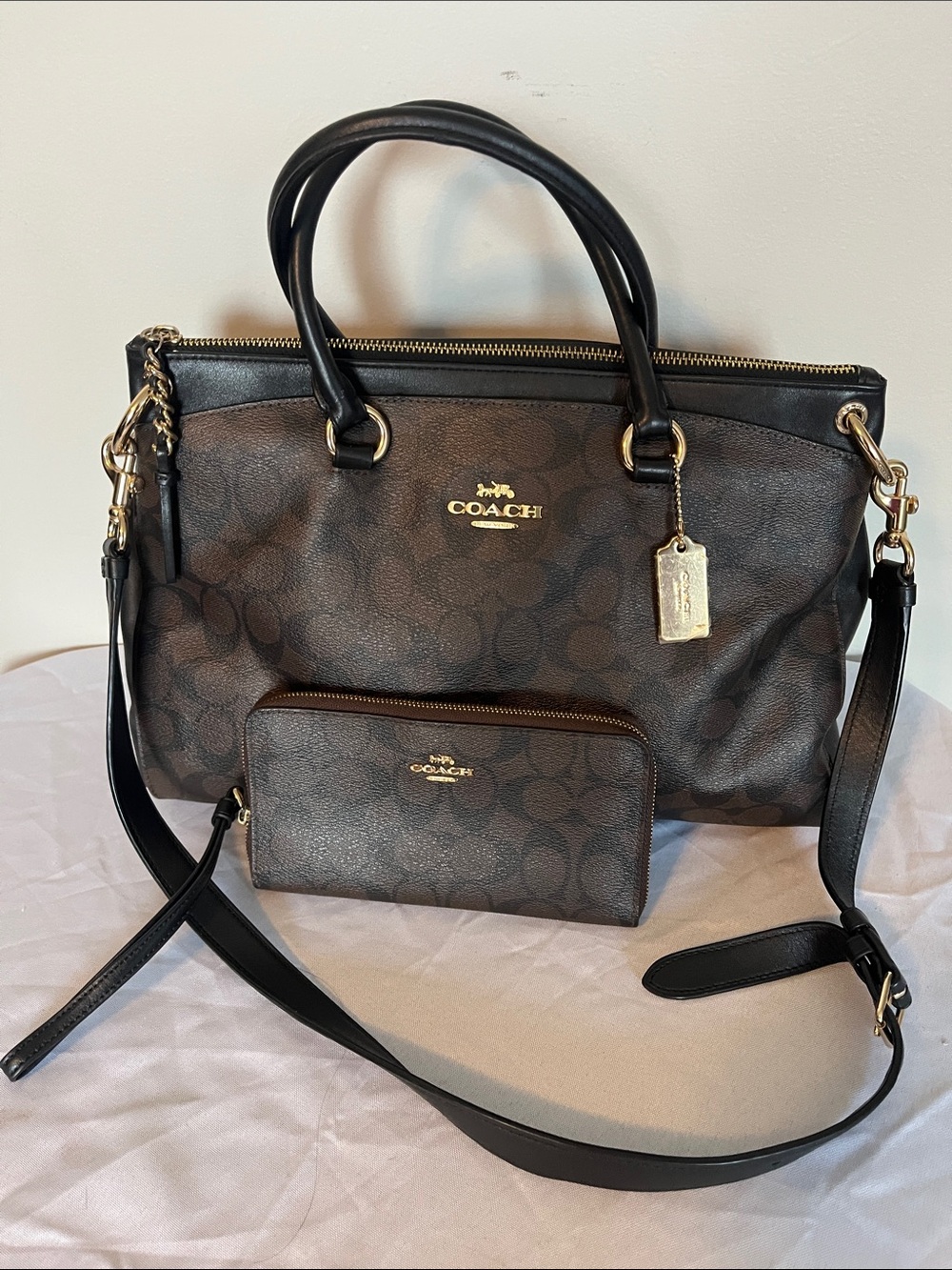 Coach Brown and Black Signature Satchel with Wallet